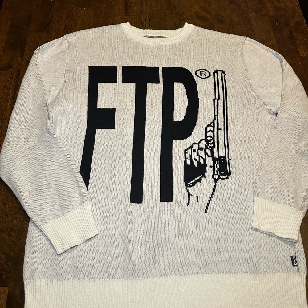 FTP White Crewneck Sweater with Black Logo and Gun Graphic